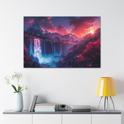 Dreamy Landscape Sunset with Waterfall and Mountains - Digital Illustration Canvas Gallery Wraps