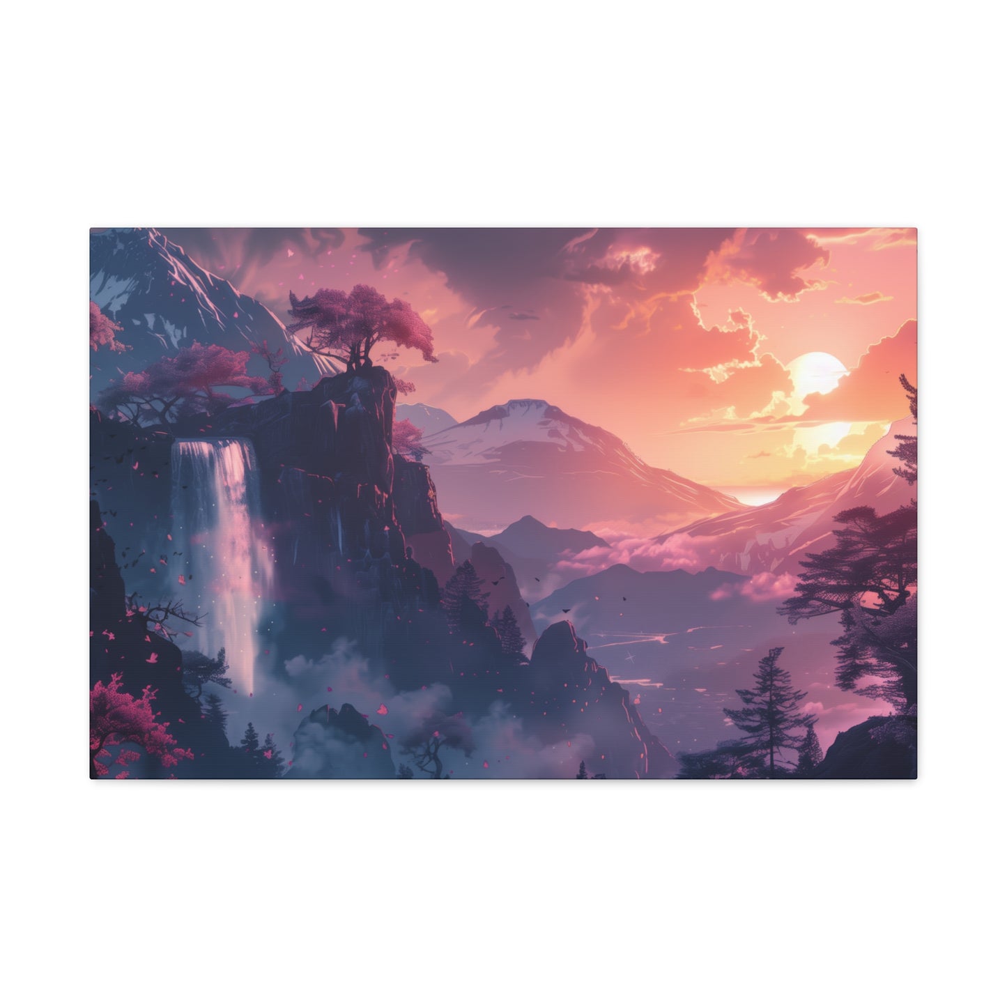 Dreamy Landscape with Waterfall and Mountains - Purple Evening Digital Illustration Canvas Gallery Wraps