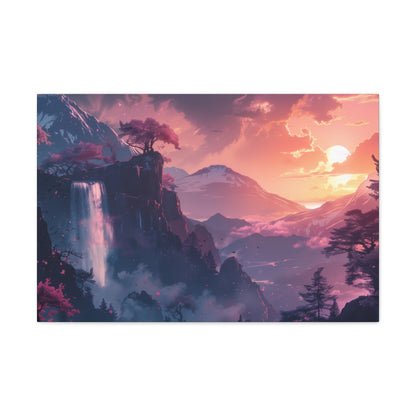 Dreamy Landscape with Waterfall and Mountains - Purple Evening Digital Illustration Canvas Gallery Wraps