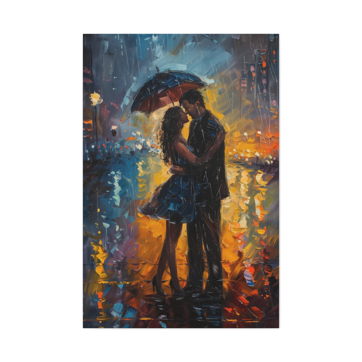 couple in the city streets in a rainy day with umbrella - Leonid Afremov Style Digital Print Canvas Gallery Wraps