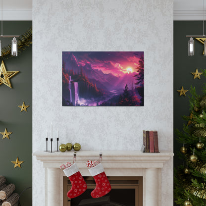 Dreamy Landscape with Waterfall and Mountains - Purple Evening Digital Illustration Canvas Gallery Wraps