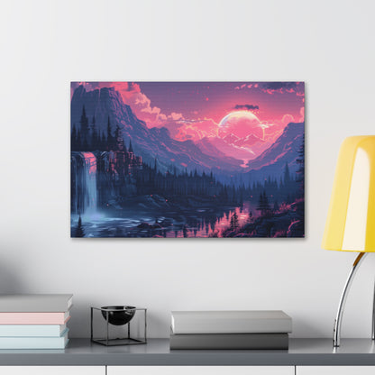 Dreamy Landscape Sunset with Waterfall and Mountains -  Digital Illustration Canvas Gallery Wraps