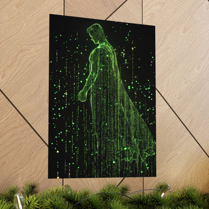 Neon Code Guardian: 3D Glitch Superman Matrix Effect - Digital Illustration Matte Vertical Poster