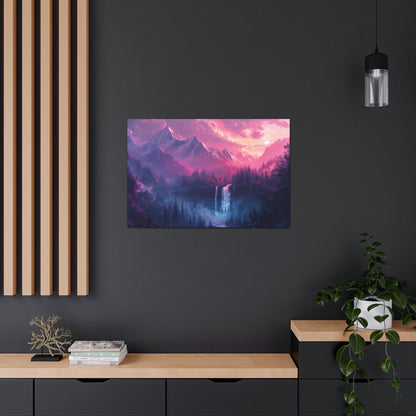 Dreamy Landscape Sunset with Waterfall and Mountains - Digital Illustration Canvas Gallery Wraps