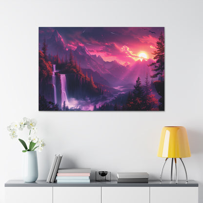 Dreamy Landscape with Waterfall and Mountains - Purple Evening Digital Illustration Canvas Gallery Wraps