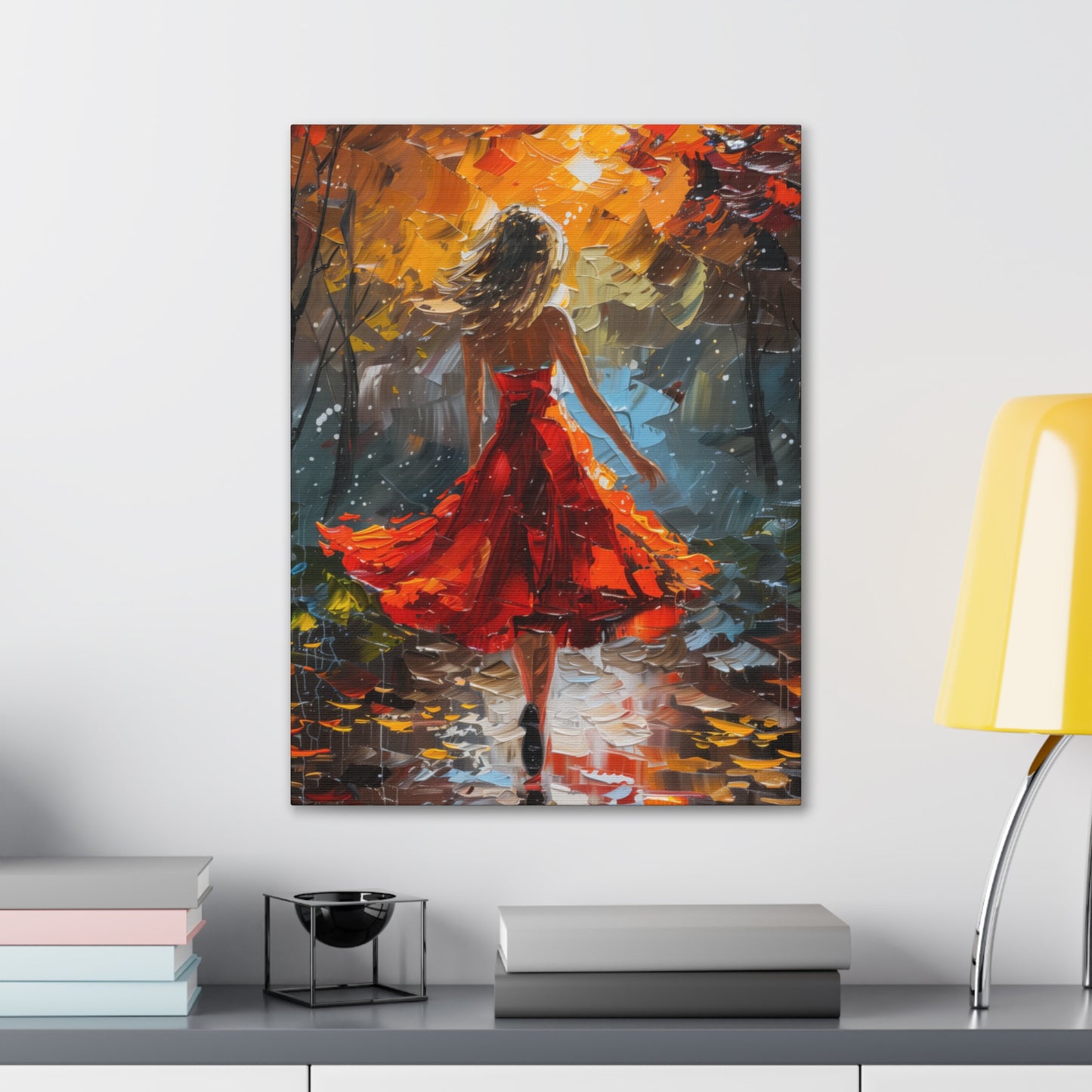 a girl in red dress walking through forest - Leonid Afremov Style Digital Print Canvas Gallery Wraps