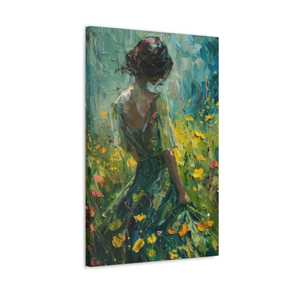 girl in a flower field wearing a green dress Digital Oil Painting Print Canvas Gallery Wraps