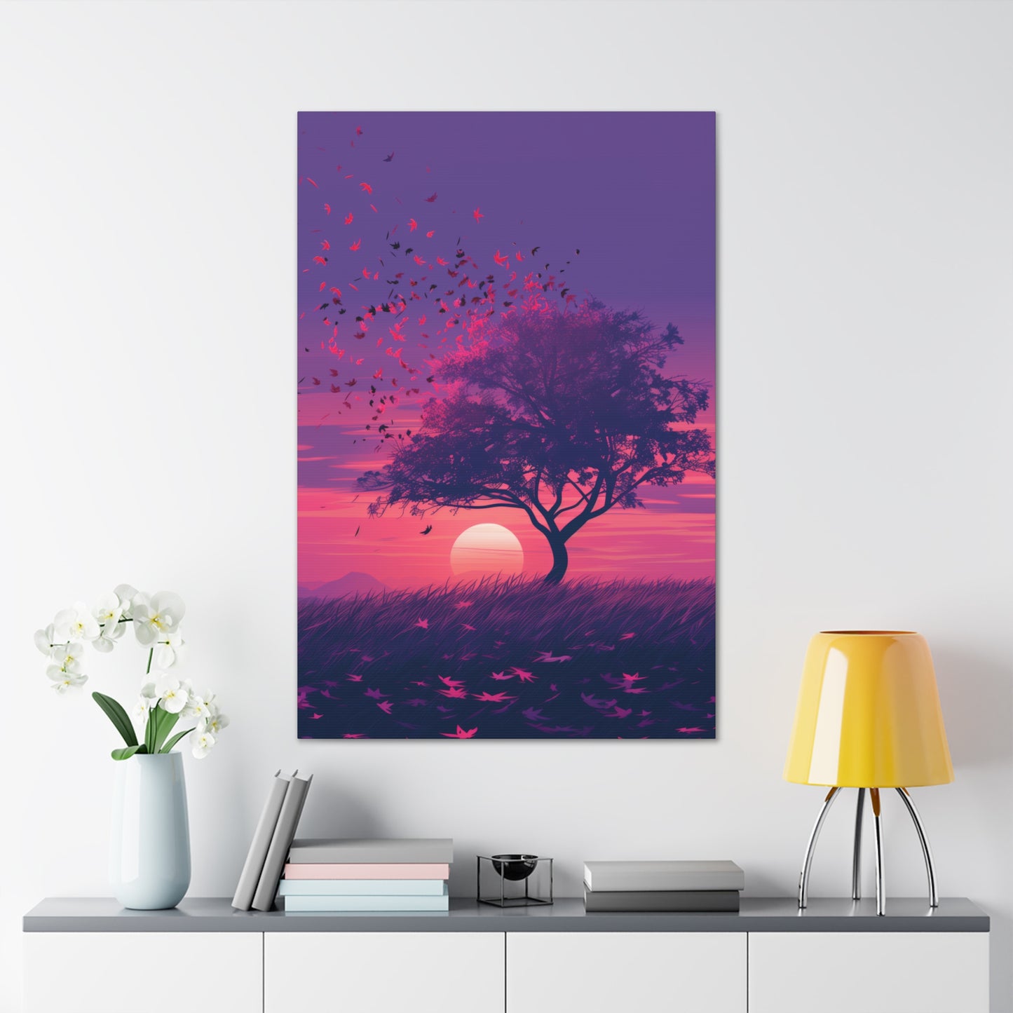 Tree in a Purple Sunset Digital Illustration Canvas Gallery Wraps