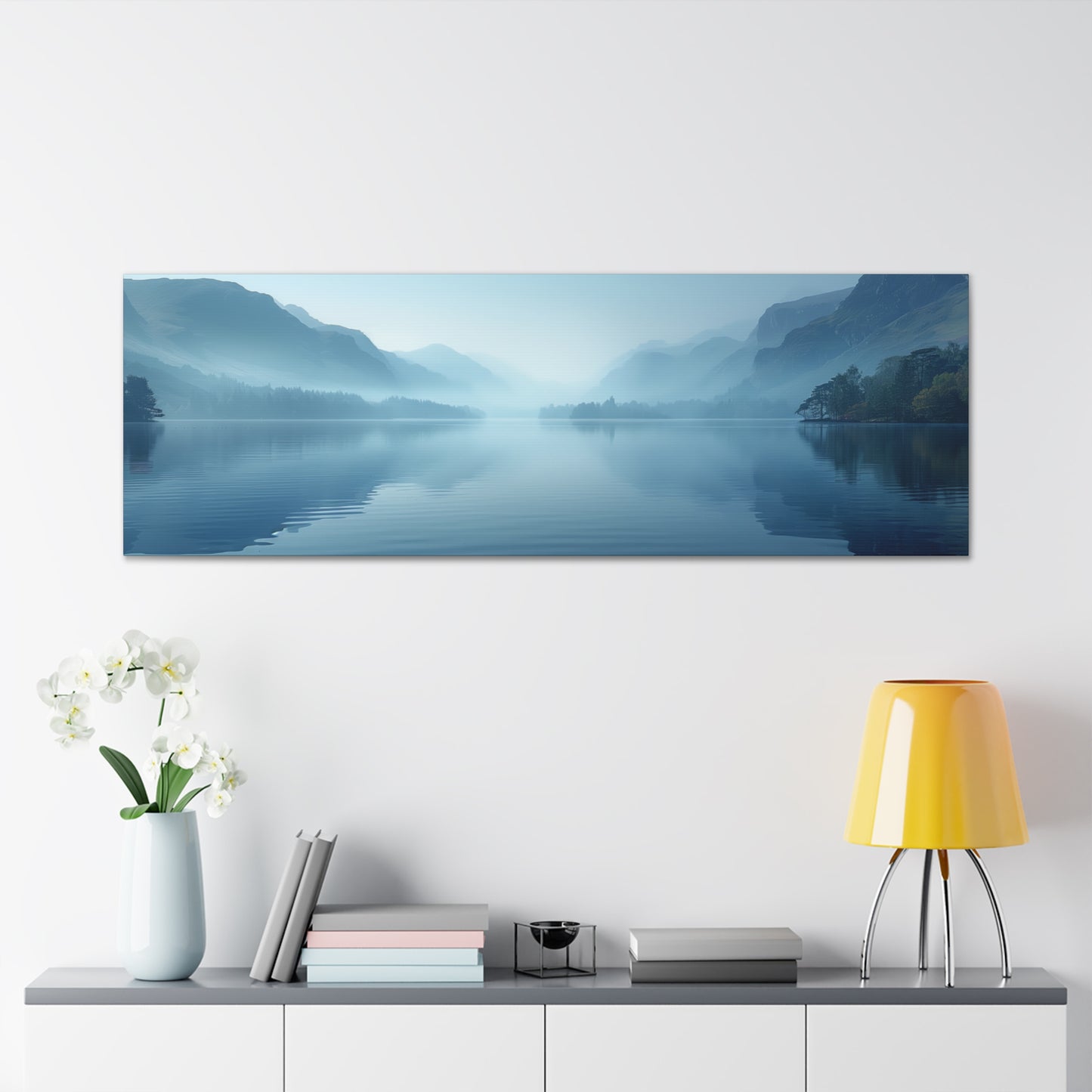 Lake Landscape with Mountains - Morning Mist Panorama Canvas Gallery Wraps