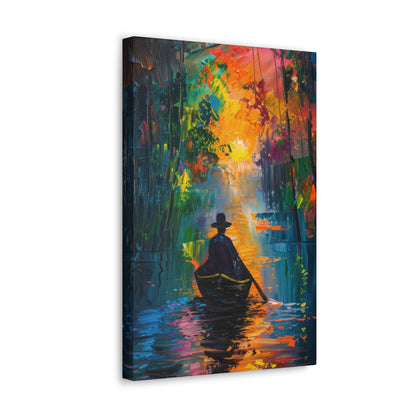 Man Sailing in a Boat in a Autumn Forest River - Claude Monet Style Digital Print Canvas Gallery Wraps