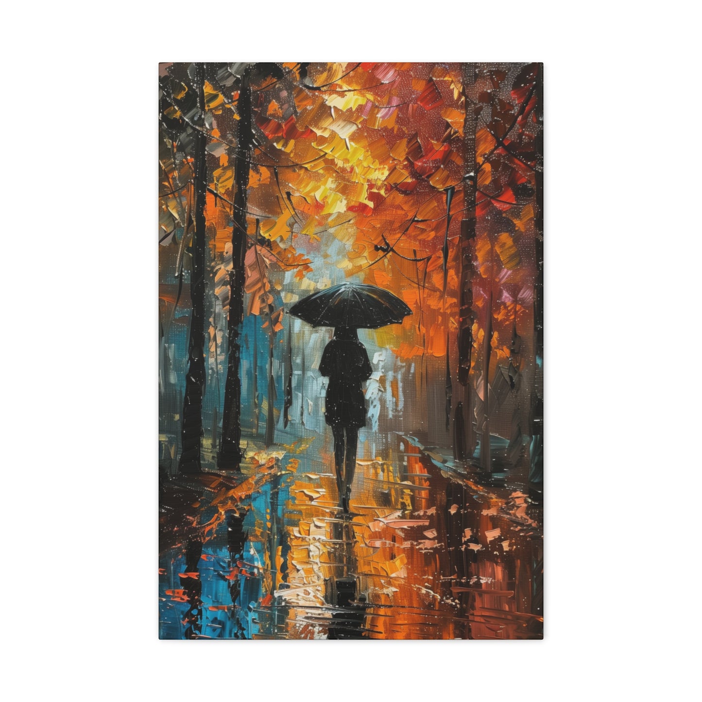 girl with an umbrella walking through forest road - Leonid Afremov Style Digital Print Canvas Gallery Wraps