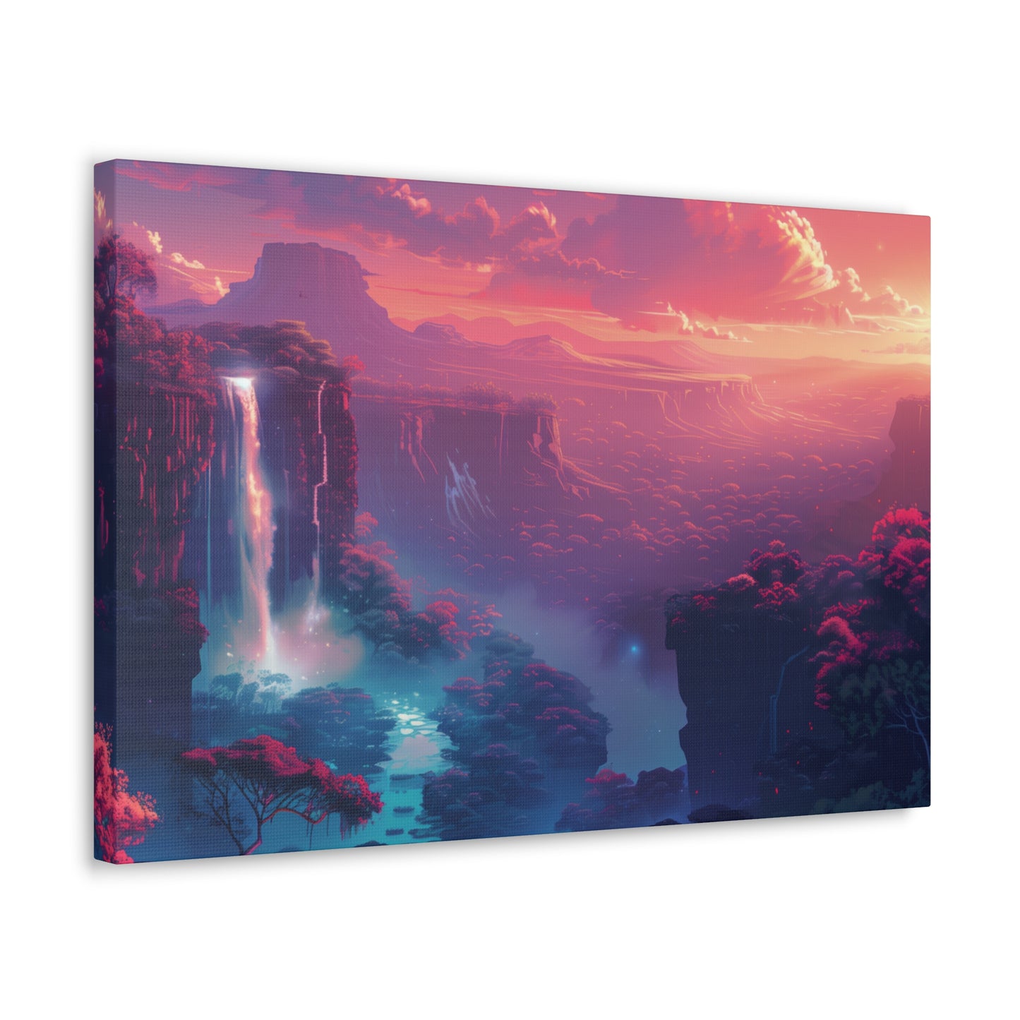 Dreamy Landscape with Waterfall and Mountains - Purple Evening Digital Illustration Canvas Gallery Wraps