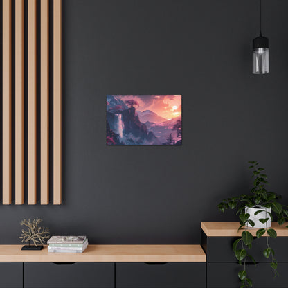 Dreamy Landscape with Waterfall and Mountains - Purple Evening Digital Illustration Canvas Gallery Wraps