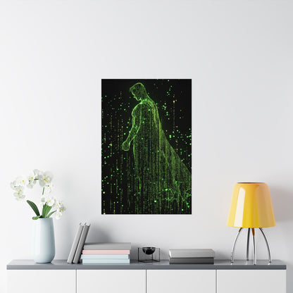 Neon Code Guardian: 3D Glitch Superman Matrix Effect - Digital Illustration Matte Vertical Poster