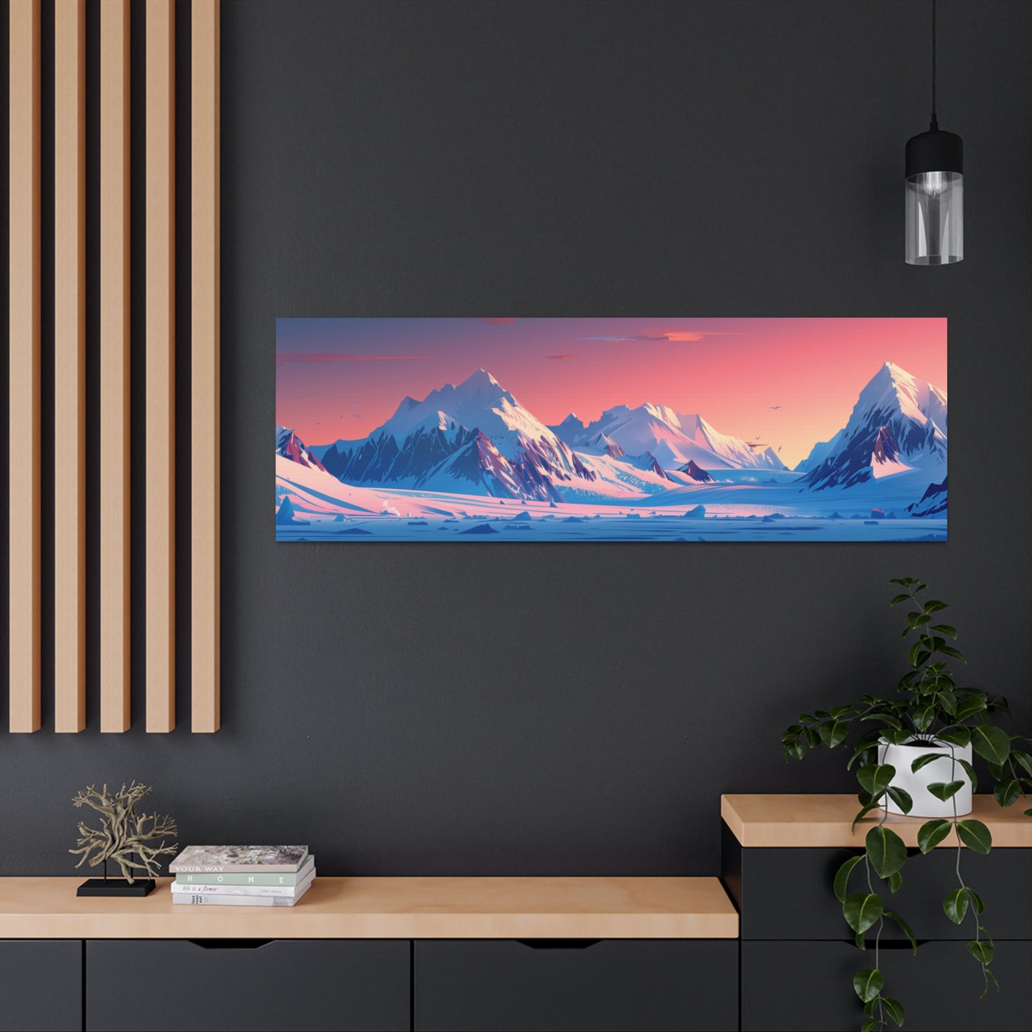 Snowy Mountain Evening in Alaska - Digital Landscape Illustration Panorama Canvas Gallery Wraps