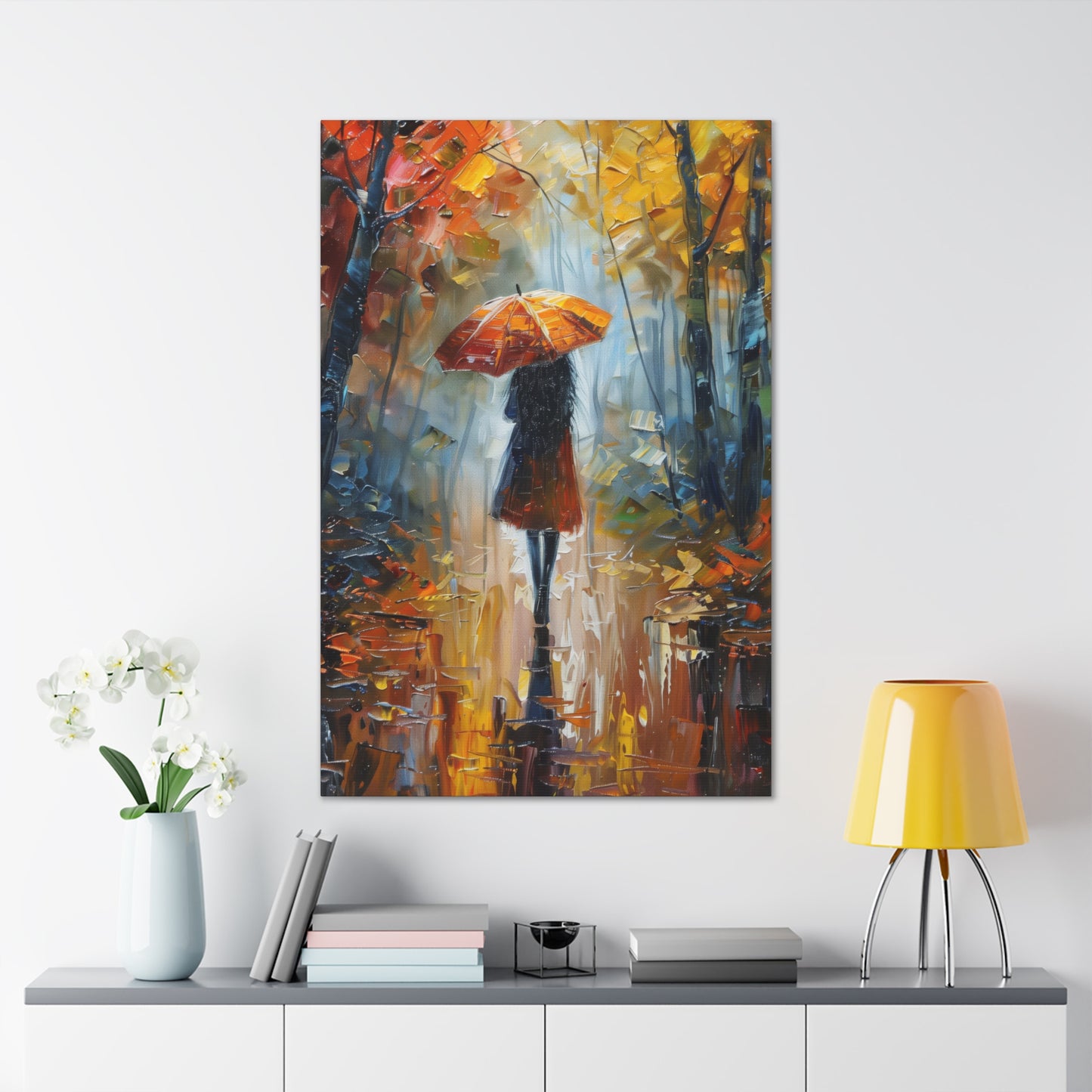 Girl Walking Under Umbrella - Leonid Afremov Style Oil Painting Canvas Gallery Wraps