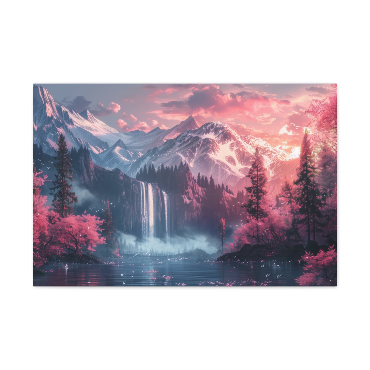 Dreamy Landscape Sunset with Waterfall and Mountains - Digital Illustration Canvas Gallery Wraps