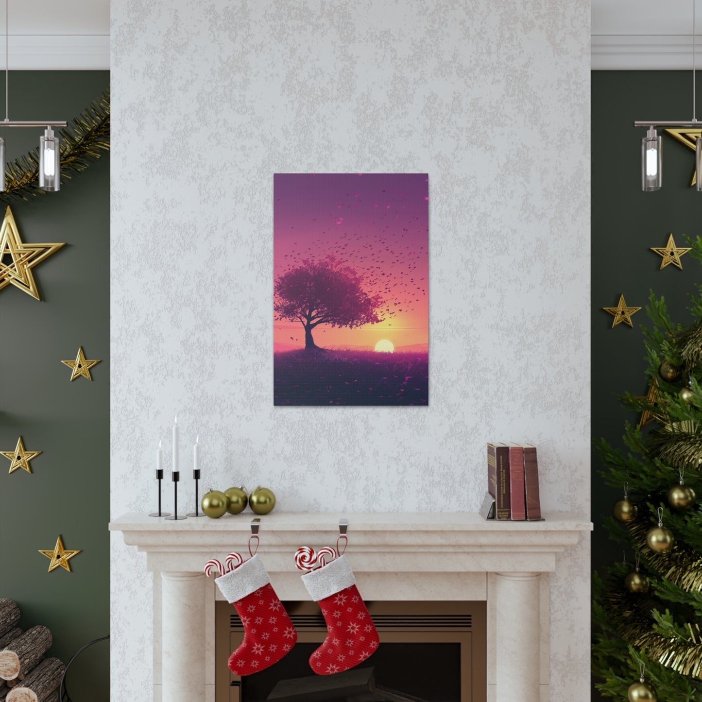 Tree in a Purple Sunset Digital Illustration Canvas Gallery Wraps