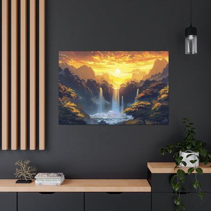 Dreamy Landscape - Waterfall and Mountains in Golden Morning Illustration Canvas Gallery Wraps