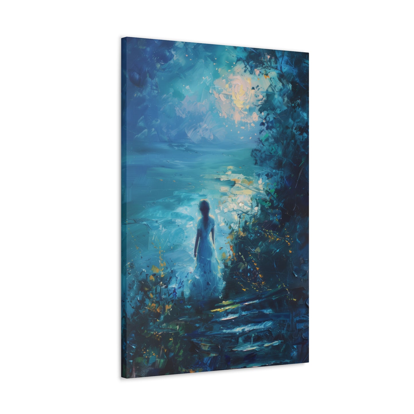 Woman looking at sea night time Digital Oil Painting Print Canvas Gallery Wraps