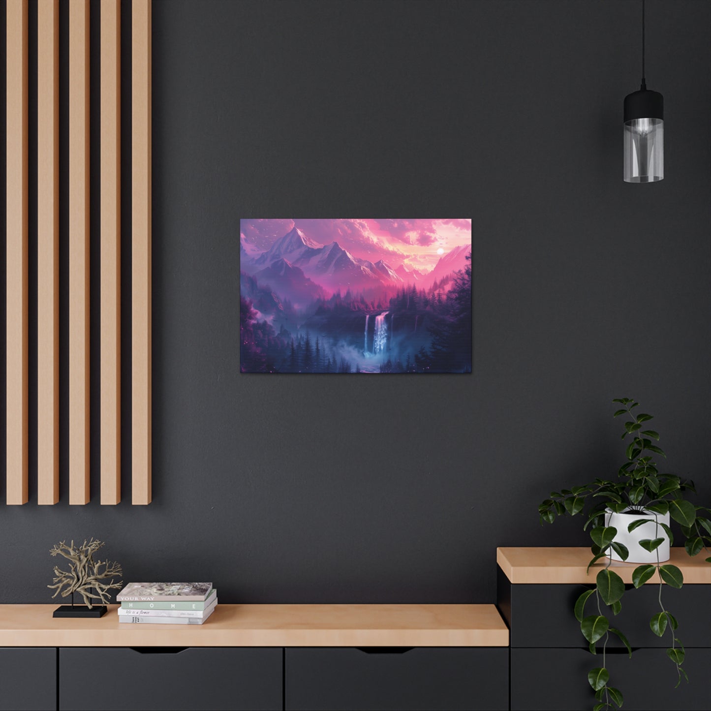 Dreamy Landscape Sunset with Waterfall and Mountains - Digital Illustration Canvas Gallery Wraps