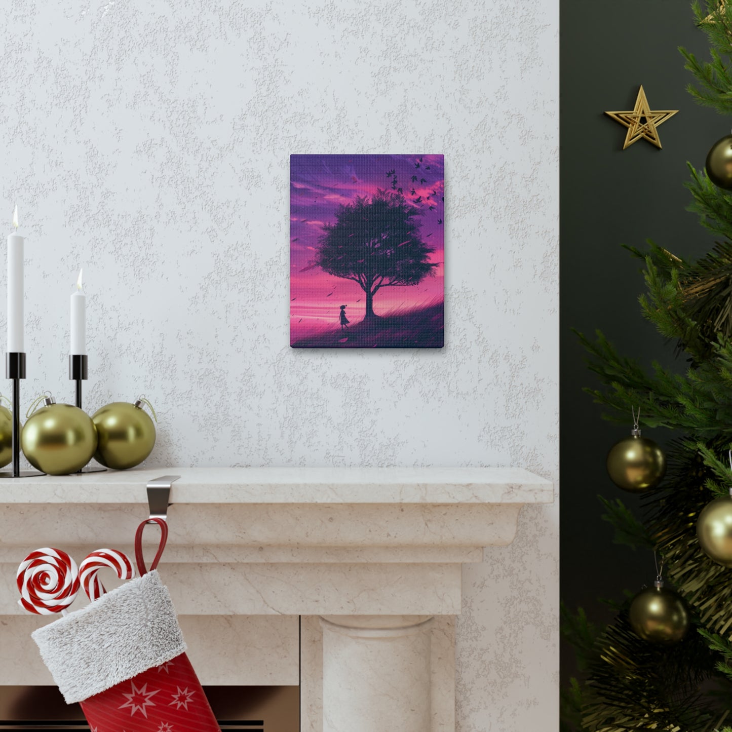 Tree in a Purple Sunset Digital Illustration Canvas Gallery Wraps