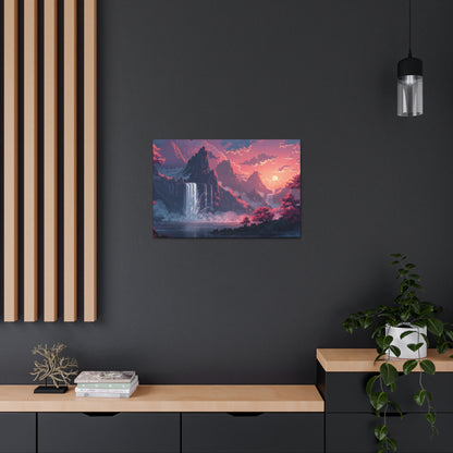 Dreamy Landscape Sunset with Waterfall and Mountains - Digital Illustration Canvas Gallery Wraps