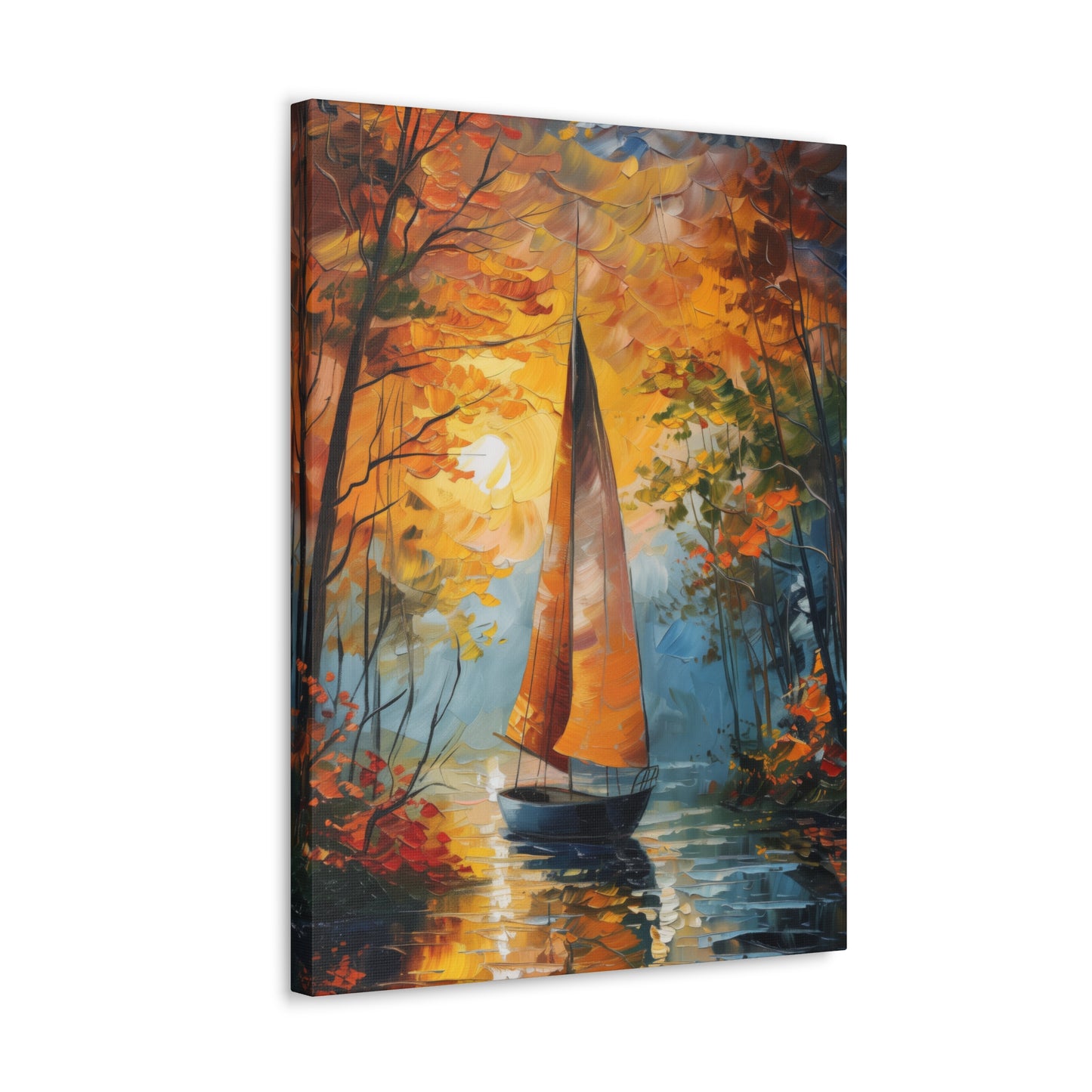 A Boat Sailing Through the Wild River - Leonid Afremov Style Digital Oil Painting Canvas Gallery Wraps