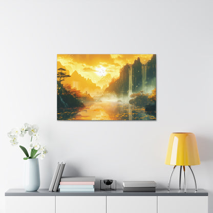 Dreamy Landscape Sunset with Waterfall and Mountains - Digital Illustration Canvas Gallery Wraps