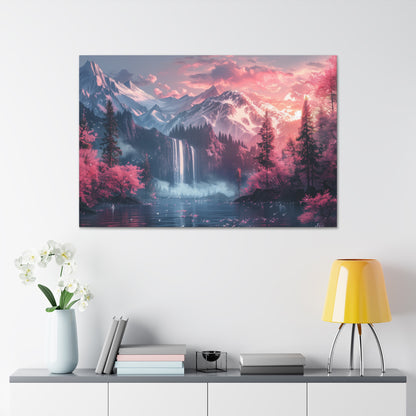 Dreamy Landscape Sunset with Waterfall and Mountains - Digital Illustration Canvas Gallery Wraps