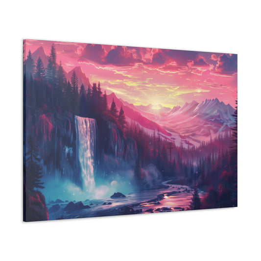 Dreamy Landscape with Waterfall and Mountains - Purple Evening Digital Illustration Canvas Gallery Wraps