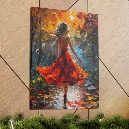 a girl in red dress walking through forest - Leonid Afremov Style Digital Print Canvas Gallery Wraps