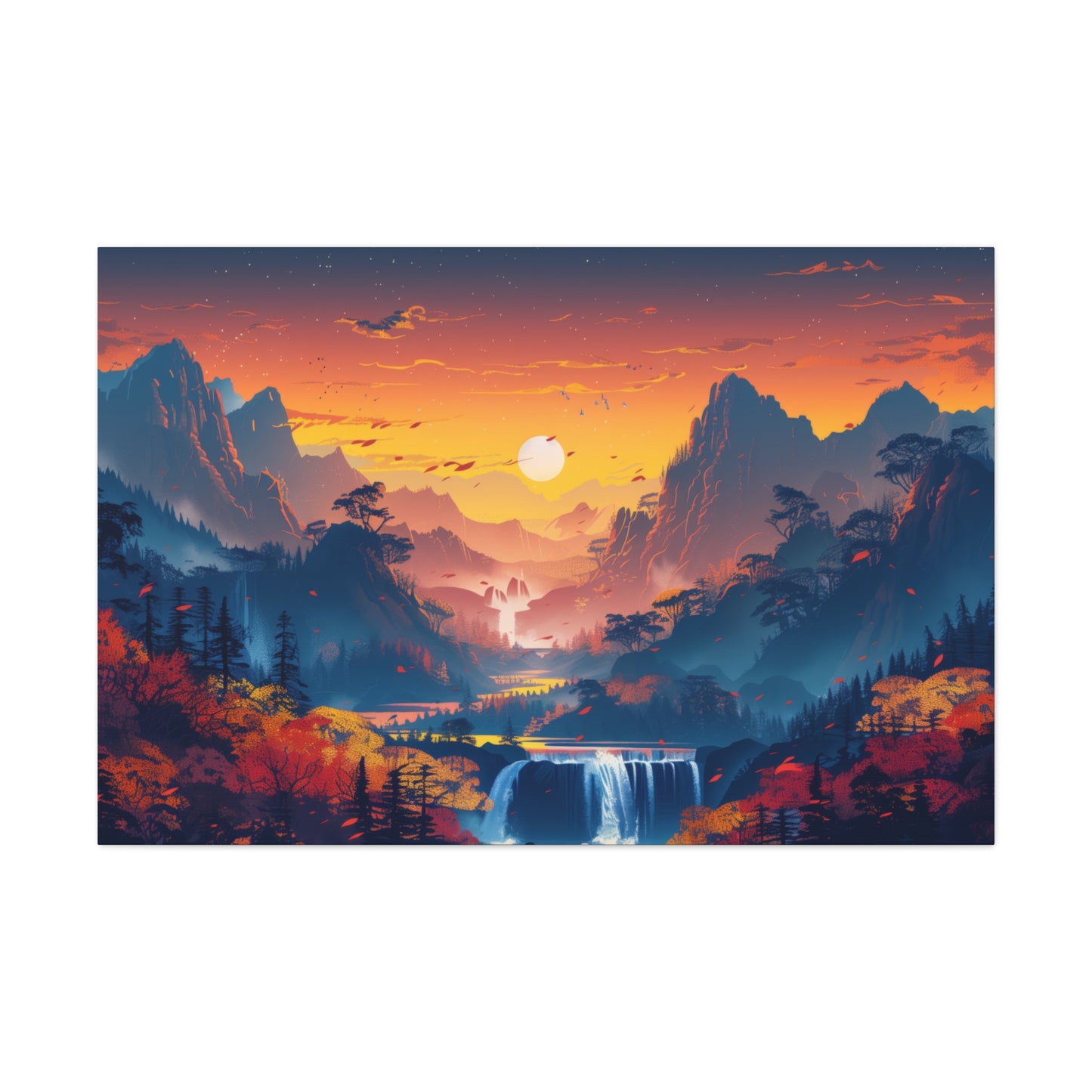 Dreamy Landscape Sunset with Waterfall and Mountains - Digital Illustration Canvas Gallery Wraps