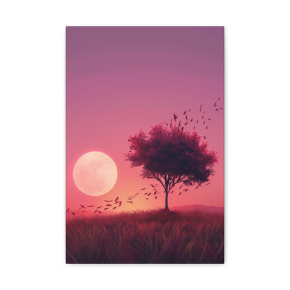 Tree in a Purple Sunset Digital Illustration Canvas Gallery Wraps