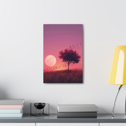 Tree in a Purple Sunset Digital Illustration Canvas Gallery Wraps