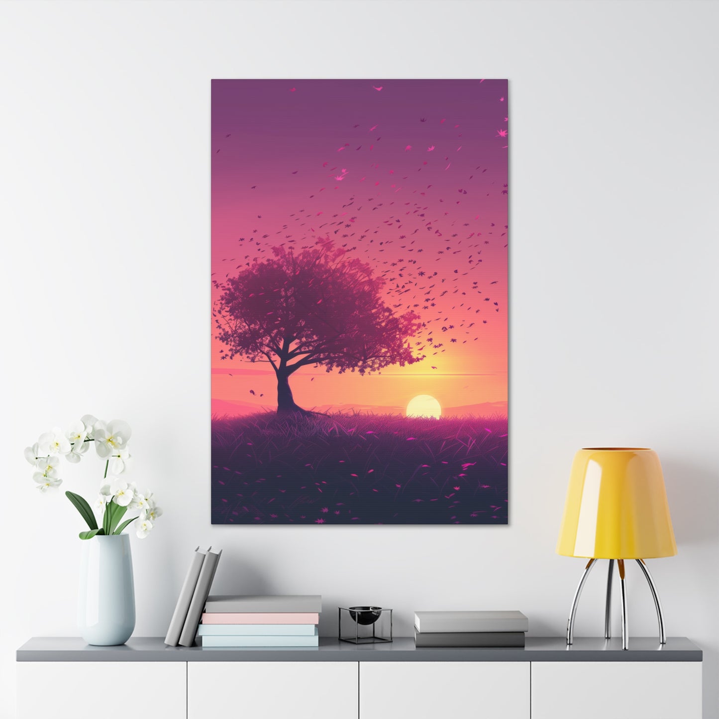 Tree in a Purple Sunset Digital Illustration Canvas Gallery Wraps