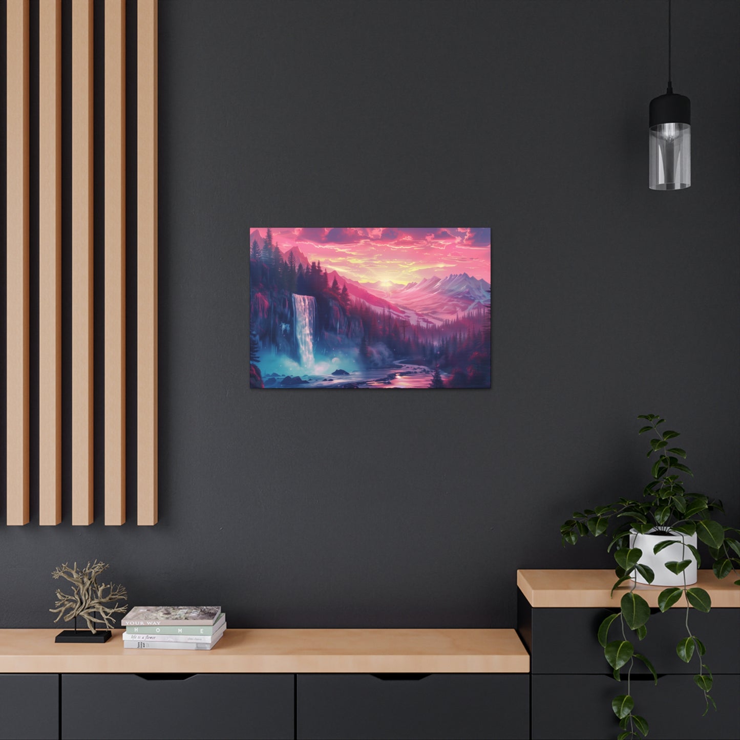 Dreamy Landscape with Waterfall and Mountains - Purple Evening Digital Illustration Canvas Gallery Wraps