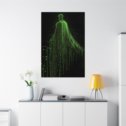 Neon Code Guardian: 3D Glitch Superman Matrix Effect - Digital Illustration Matte Vertical Poster