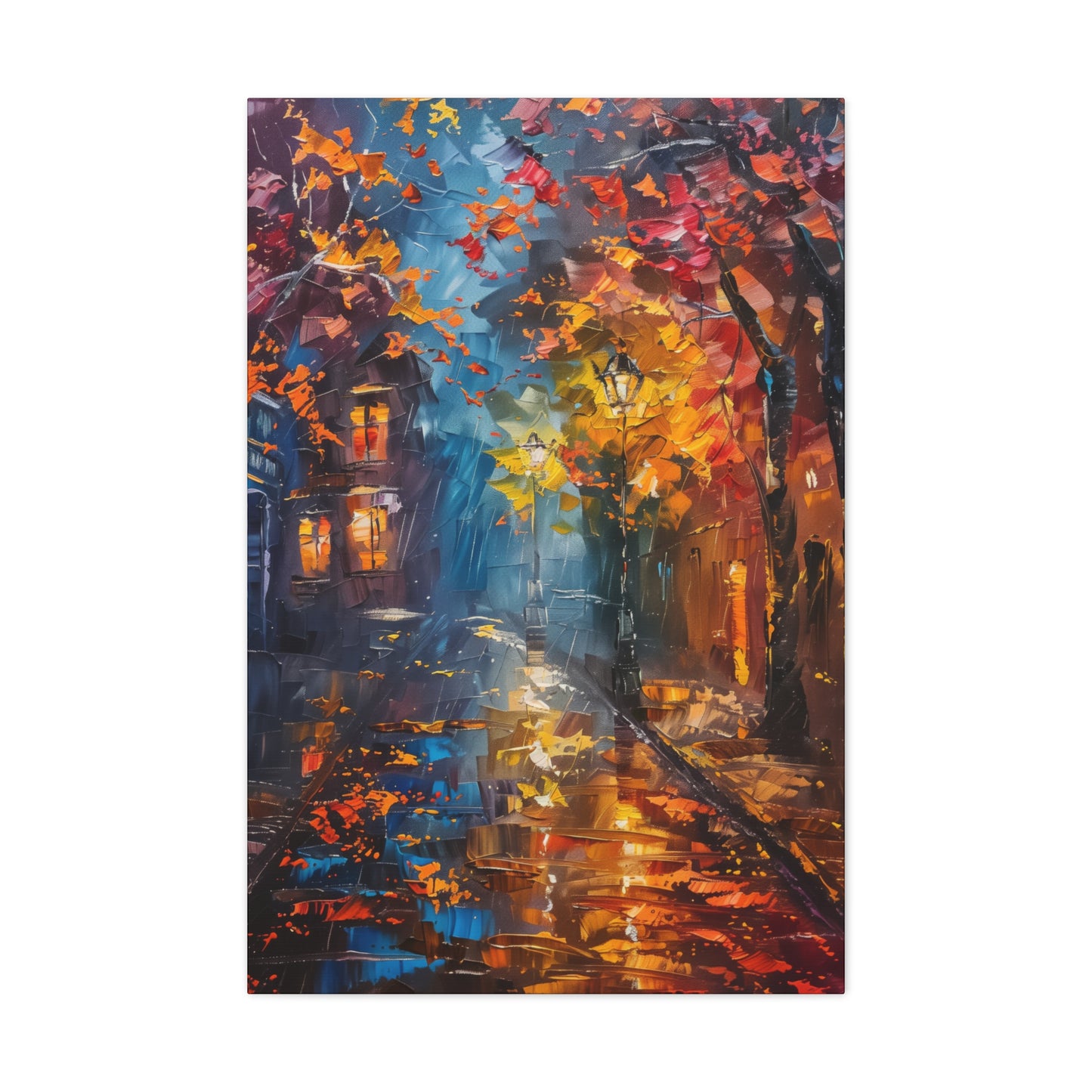 Nighttime Street in Autumn - Leonid Afremov Style Digital Oil Painting Canvas Gallery Wraps