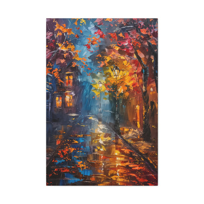 Nighttime Street in Autumn - Leonid Afremov Style Digital Oil Painting Canvas Gallery Wraps