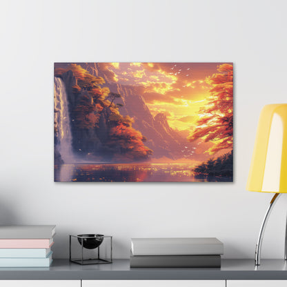 Dreamy Landscape - Waterfall and Mountains in Golden Morning Illustration Canvas Gallery Wraps