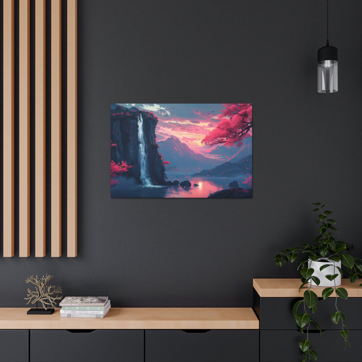 Dreamy Landscape with Waterfall and Mountains - Purple Evening Digital Illustration Canvas Gallery Wraps