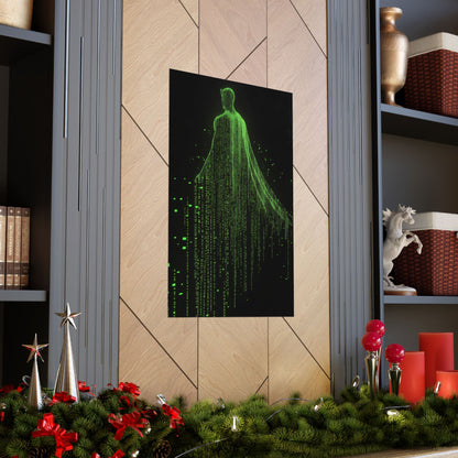 Neon Code Guardian: 3D Glitch Superman Matrix Effect - Digital Illustration Matte Vertical Poster