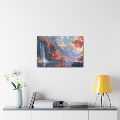 Dreamy Landscape Sunset with Waterfall and Mountains - Digital Illustration Canvas Gallery Wraps