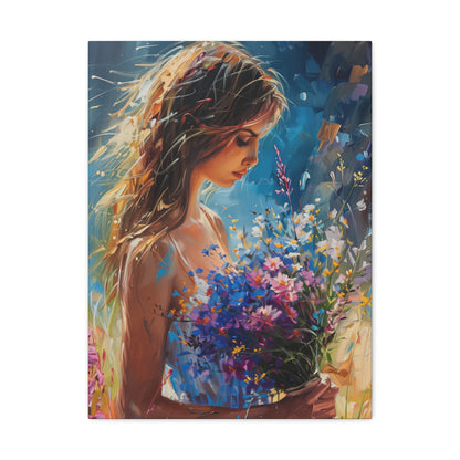 girl holding a flower bouquet - Leonid Afremov Style Digital Print Canvas Gallery Wraps