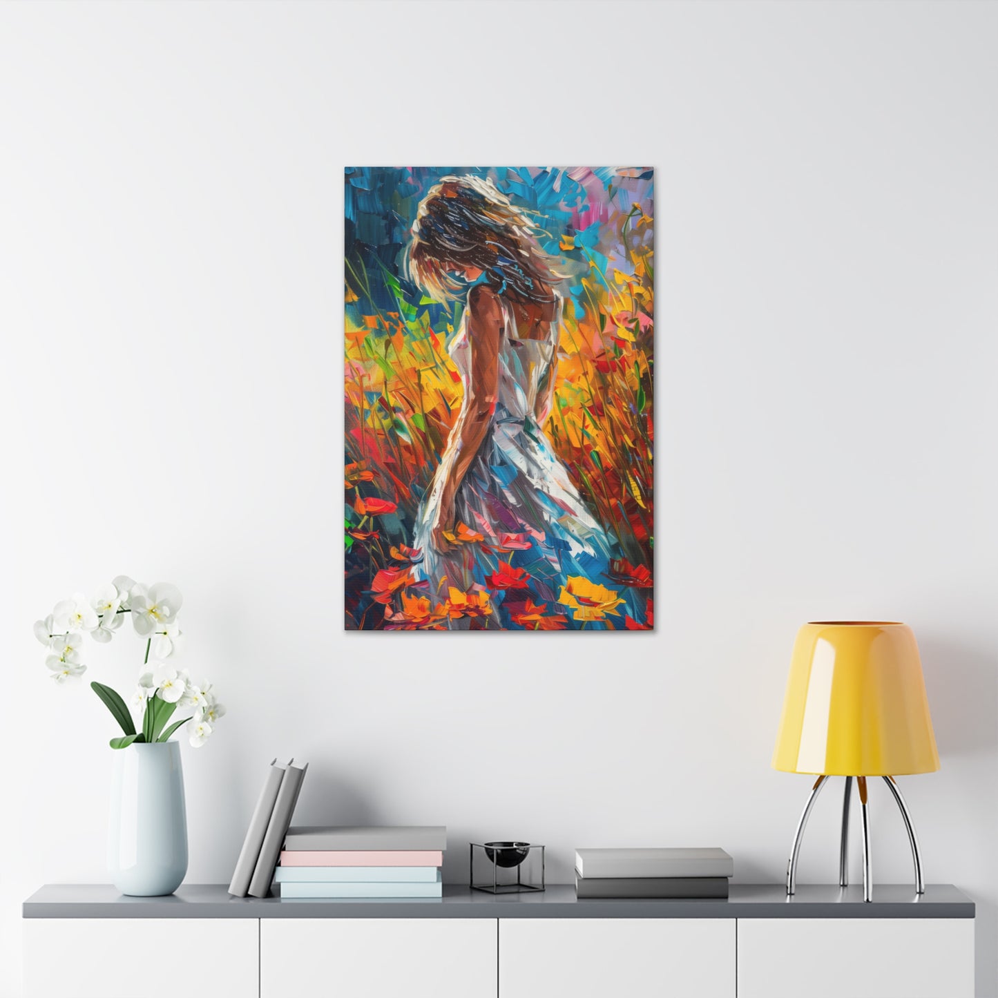 a girl standing in flower field Digital Oil Painting Print Canvas Gallery Wraps