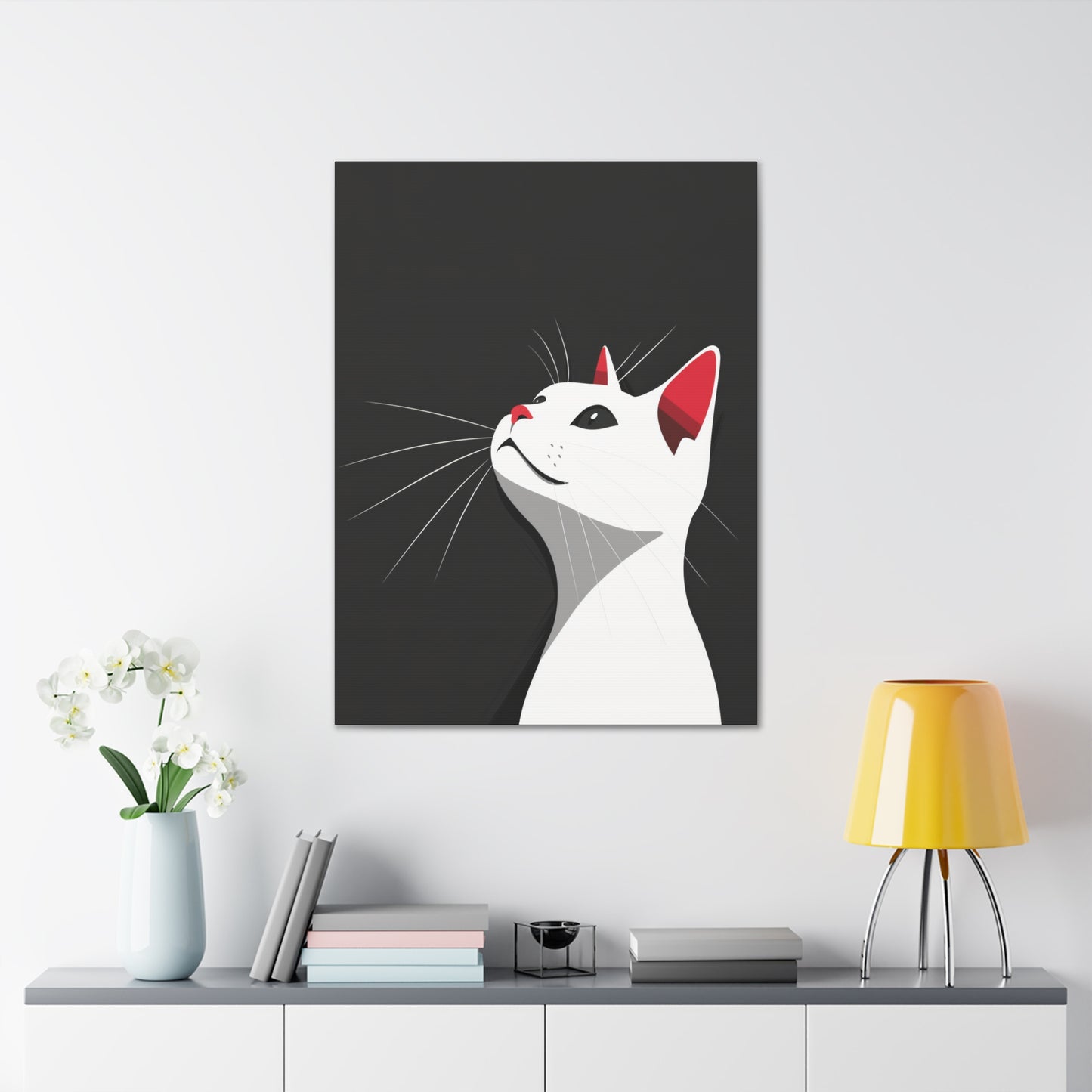 White Cat in Black Background Digital Illustration Canvas Gallery Wraps