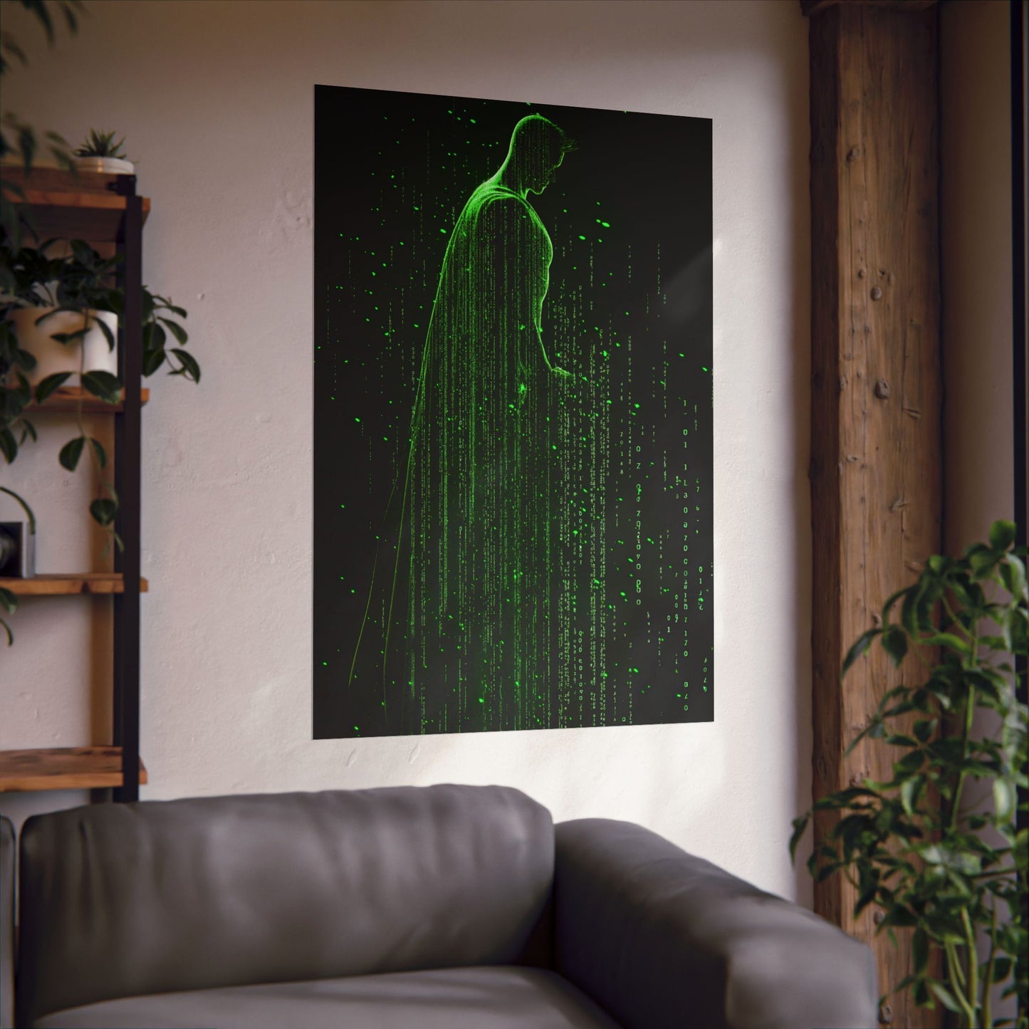 Neon Code Guardian: 3D Glitch Superman Matrix Effect - Digital Illustration Matte Vertical Poster