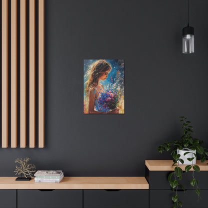 girl holding a flower bouquet - Leonid Afremov Style Digital Print Canvas Gallery Wraps