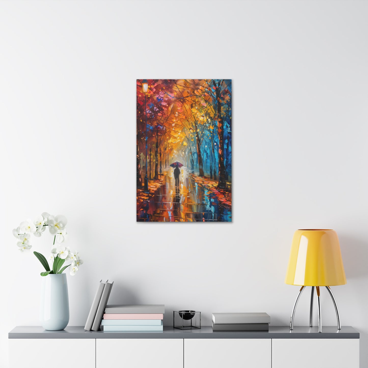 man walking through forest road with umbrella - Leonid Afremov Style Digital Print Canvas Gallery Wraps